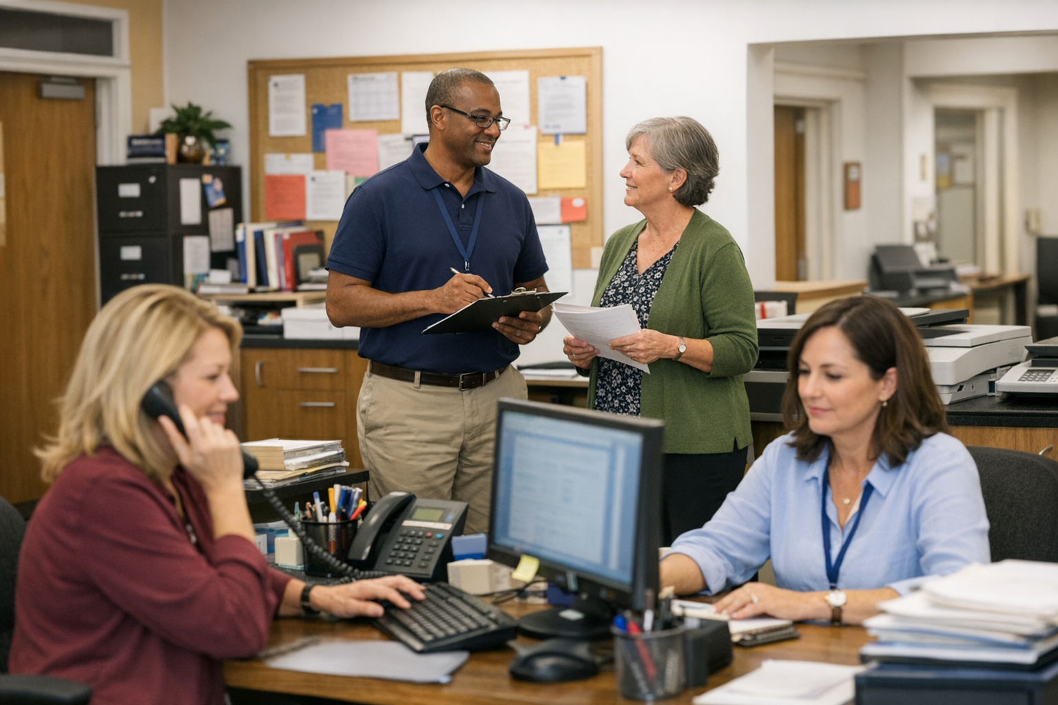 modern school office with staff at laptops